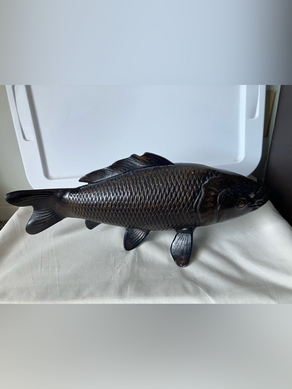 Vintage Toyo Japan Brown Cast Iron Koi Fish Okimono Statue Sculpture Apprx 17.5”